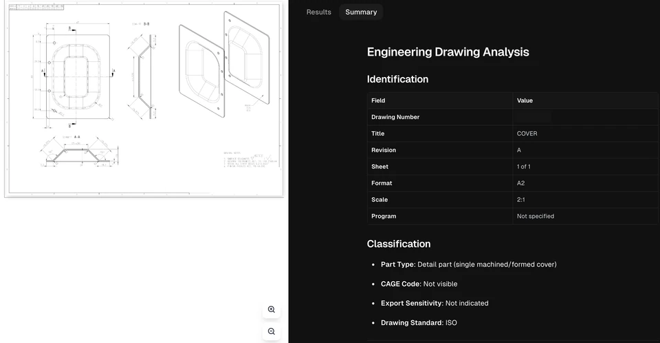 Engineering drawing beside structured identification and classification results in the dark-mode review workspace.