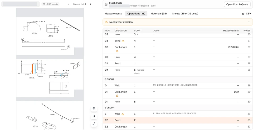 Drawing views with colored bend markers beside an operations table showing bends, holes, cut lengths and page references.