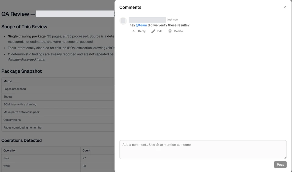 Comments panel over a job summary with a team mention asking whether the results have been verified.